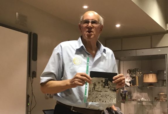 John G8DET, showing his lunar landing photo