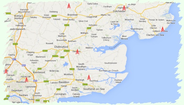 Location of amateur radio repeater sites in Essex