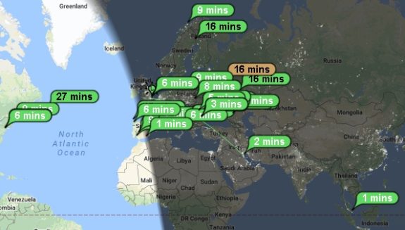 PSK Reporter, showing FT8 getting to the US, Kuwait and Malaysia on 10 watts (30m)