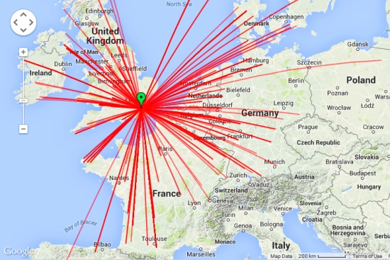 Map of GB3VHF Beacon Reports