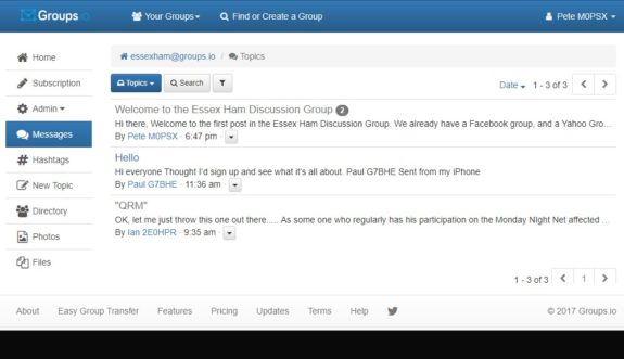 Screenshot of Essex Ham's Groups.io discussion group