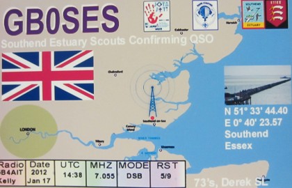 The QSL card for GB0SES, the Southend 2013 JOTA station