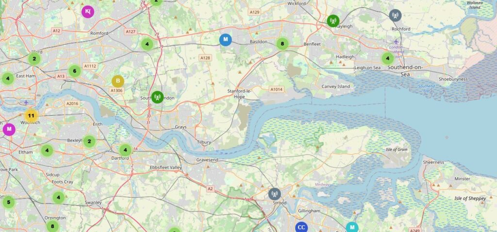 Meshcore Map of South Essex and North Kent March 2026