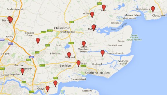 Rough location of 15 callsigns that have just been revoked by Ofcom
