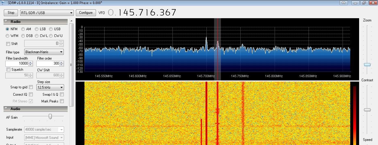 SDRSharp showing the output of the GB3DA repeater on 145.725MHz