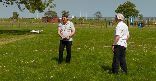 Pete M0PSX demoing the Essex Ham quadcopter to Trevor M5AKA